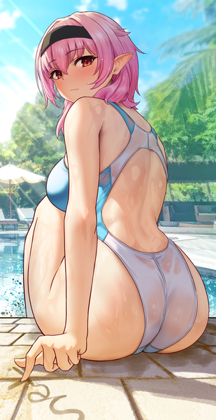 Anime picture 1790x3478 with original solar (happymonk) single long hair tall image looking at viewer blush fringe highres breasts light erotic hair between eyes red eyes pink hair sky outdoors ass looking back pointy ears from behind