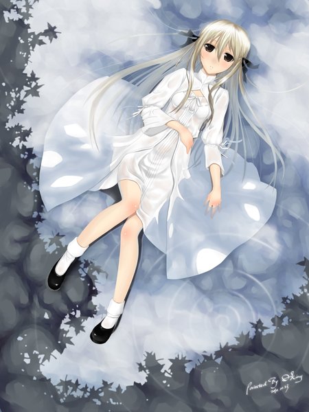 Anime picture 3000x4000 with yosuga no sora kasugano sora okingjo single long hair tall image highres absurdres white hair lying black eyes girl dress white dress