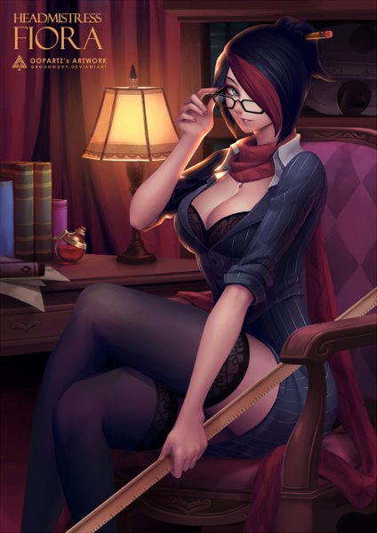 Anime picture 905x1280 with league of legends fiora (league of legends) oopartz (grooooovy) single tall image looking at viewer fringe short hair breasts blue eyes light erotic black hair smile large breasts sitting bent knee (knees) red hair hair over one eye character names crossed legs