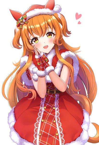 Anime picture 1338x1950 with umamusume mayano top gun (umamusume) kashmir 0808 single long hair tall image looking at viewer blush open mouth simple background white background animal ears yellow eyes tail :d animal tail orange hair two side up official alternate costume christmas