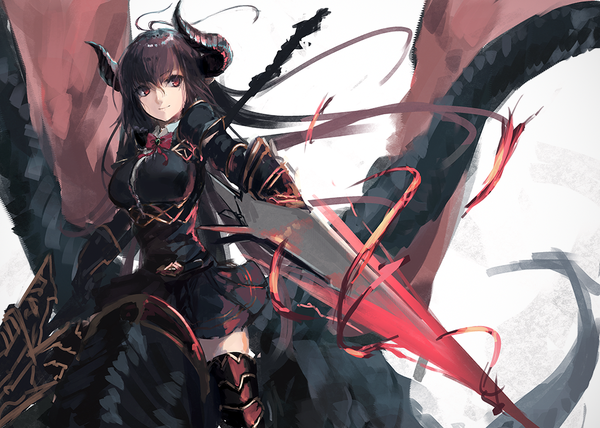 Anime picture 1024x730 with shingeki no bahamut forte (shingeki no bahamut) rean (r ean) single long hair looking at viewer fringe simple background hair between eyes red eyes brown hair white background holding pleated skirt horn (horns) floating hair fantasy dual wielding riding girl