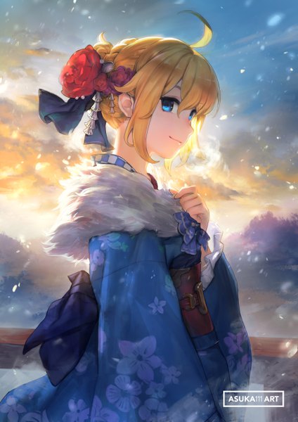 Anime picture 3661x5178 with fate (series) fate/grand order artoria pendragon (all) saber asuka111 single tall image looking at viewer blush fringe highres short hair blue eyes blonde hair hair between eyes signed payot absurdres sky cloud (clouds)