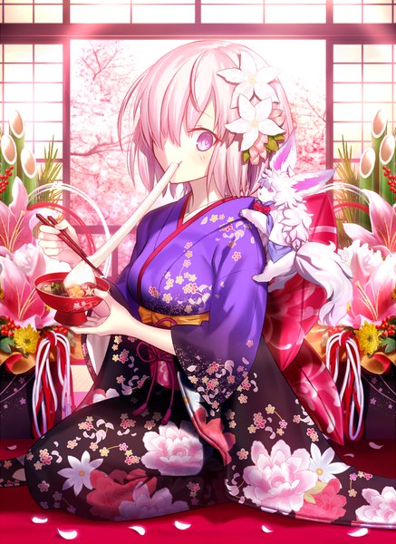 Anime picture 800x1098 with fate (series) fate/grand order mash kyrielight fou (fate) mashima saki (mashimasa) single tall image blush fringe short hair sitting pink hair ahoge traditional clothes japanese clothes pink eyes hair flower hair over one eye wide sleeves cherry blossoms