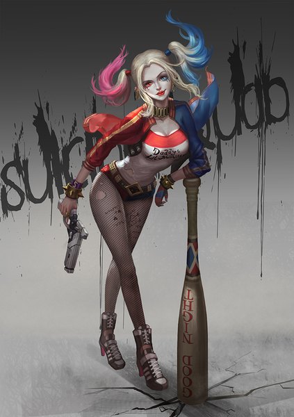 Anime-Bild 705x1000 mit batman dc comics harley queen cleopatra007 single long hair tall image blue eyes light erotic smile red eyes standing twintails blue hair pink hair multicolored hair inscription grey background open jacket tattoo