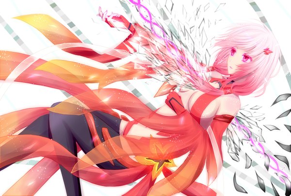 Anime picture 1562x1050 with guilty crown production i.g yuzuriha inori reseda single long hair breasts light erotic bare shoulders pink hair pink eyes girl thighhighs gloves hair ornament black thighhighs detached sleeves hairclip bodysuit
