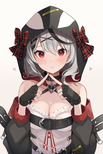 Anime picture 1200x1800 with virtual youtuber hololive sakamata chloe sakamata chloe (1st costume) mizu (lzzrwi603) single tall image looking at viewer blush fringe short hair breasts light erotic simple background hair between eyes red eyes white background cleavage silver hair upper body