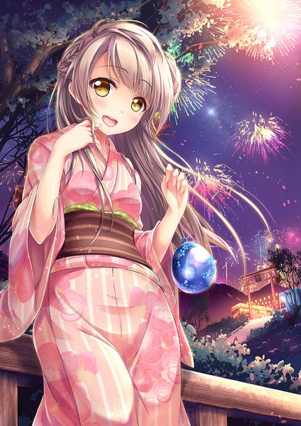 Anime picture 707x1000 with love live! school idol project sunrise (studio) love live! minami kotori shirakawako single long hair tall image looking at viewer fringe open mouth smile brown hair standing yellow eyes blunt bangs braid (braids) traditional clothes japanese clothes night