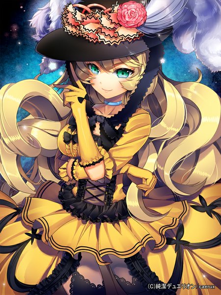 Anime picture 600x800 with junketsu duelion ells (ellsat) single long hair tall image blush blonde hair smile green eyes girl dress gloves flower (flowers) hat elbow gloves feather (feathers) corset