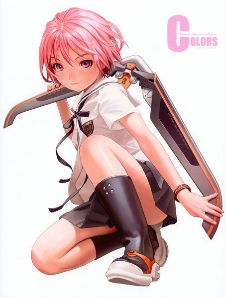 Anime picture 2649x3500 with shangri-la gonzo houjou kuniko range murata single tall image looking at viewer fringe highres short hair simple background smile white background purple eyes pink hair full body fingernails scan official art short sleeves