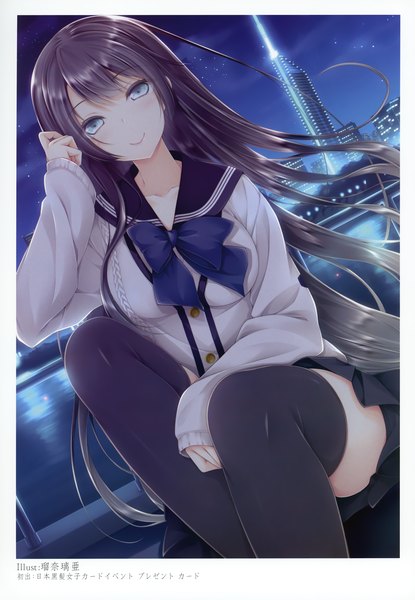 Anime picture 2406x3475 with original luna lia single long hair tall image looking at viewer highres blue eyes black hair smile scan night girl thighhighs skirt uniform black thighhighs school uniform
