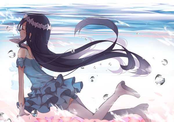 Anime picture 1500x1057 with love live! school idol project sunrise (studio) love live! sonoda umi himechui single blush fringe black hair bent knee (knees) eyes closed very long hair profile floating hair underwater shiny swimming girl thighhighs dress