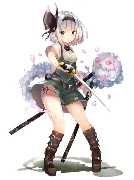 Anime picture 1200x1614 with touhou konpaku youmu yukizumi remon single tall image looking at viewer blush fringe short hair blue eyes light erotic simple background white background silver hair girl skirt gloves bow weapon hair bow