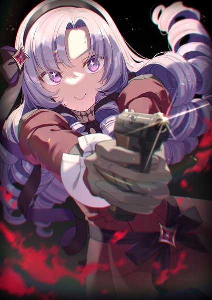 Anime picture 2894x4093 with virtual youtuber nijisanji hyakumantenbara salome hyakumantenbara salome (1st costume) konakona0307 single long hair tall image looking at viewer highres smile purple eyes purple hair sparkle sweat drill hair girl dress weapon gun