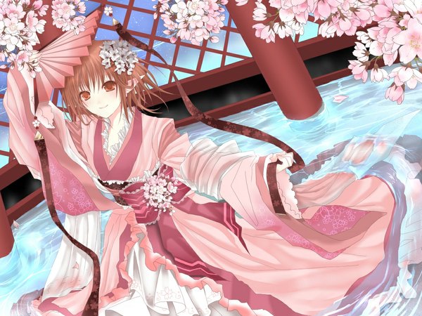 Anime picture 1024x768 with original rara419 single blush short hair smile brown hair brown eyes japanese clothes hair flower pointy ears cherry blossoms girl hair ornament ribbon (ribbons) water kimono fan