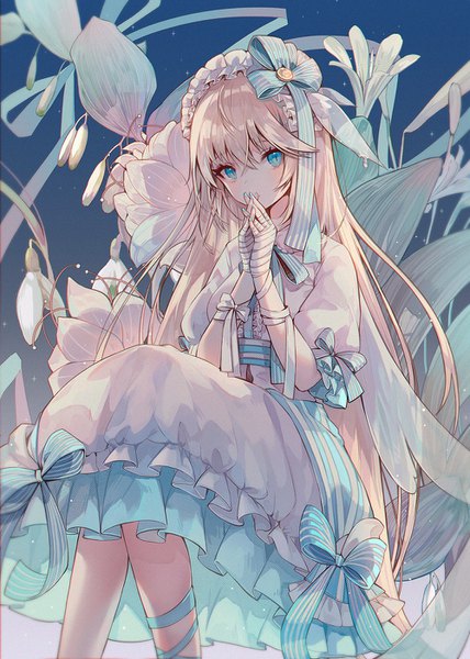 Anime picture 1000x1400 with original snow is single long hair tall image looking at viewer blush fringe blue eyes blonde hair simple background hair between eyes nail polish puffy sleeves gradient background slit pupils hands clasped aqua nail polish girl dress