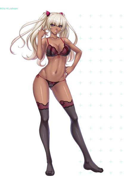Anime picture 680x900 with kangoku senkan kila kushan kagami single long hair tall image looking at viewer fringe breasts light erotic smile large breasts standing twintails signed full body white hair braid (braids) pink eyes arm up