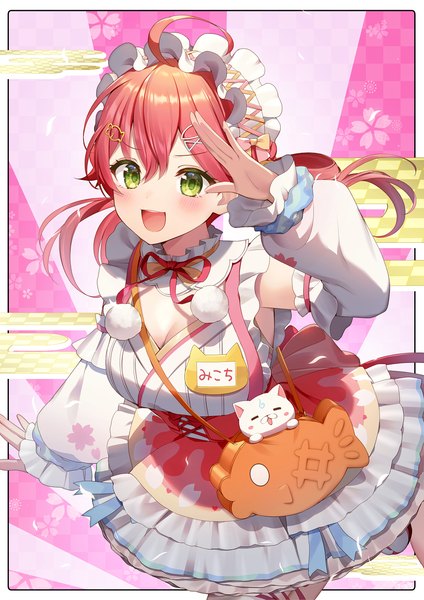 Anime picture 1000x1414 with virtual youtuber hololive sakura miko sakura miko (5th costume) momoshiki tsubaki single long hair tall image blush fringe open mouth hair between eyes twintails green eyes looking away cleavage ahoge red hair :d official alternate costume