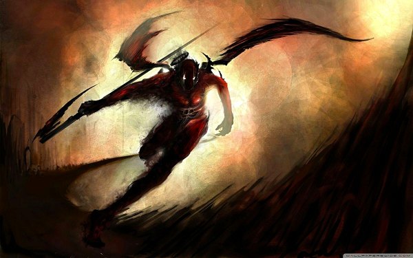 Anime picture 1200x750 with original andrew jones single wide image black wings fantasy running angel demon demon boy boy weapon wings halo scythe pilot suit