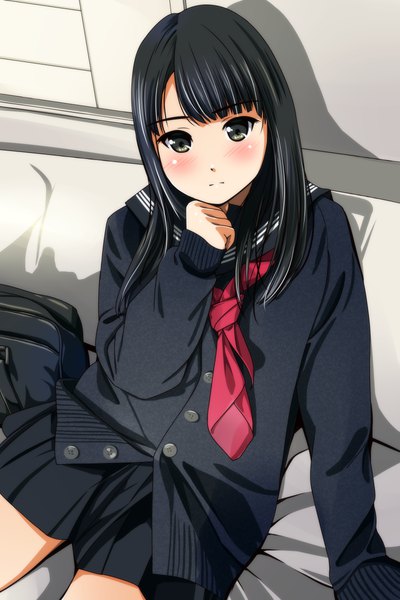 Anime picture 800x1200 with original matsunaga kouyou single long hair tall image looking at viewer blush fringe black hair sitting black eyes shadow girl skirt uniform miniskirt serafuku necktie buttons school bag