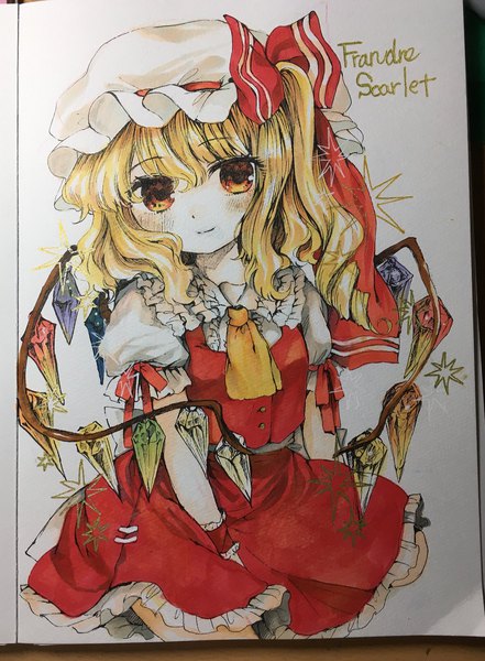 Anime picture 1506x2048 with touhou flandre scarlet shoudoku taishi (taishi) single long hair tall image looking at viewer blonde hair smile white background yellow eyes short sleeves puffy sleeves character names one side up frilly skirt photo (medium) girl skirt hat