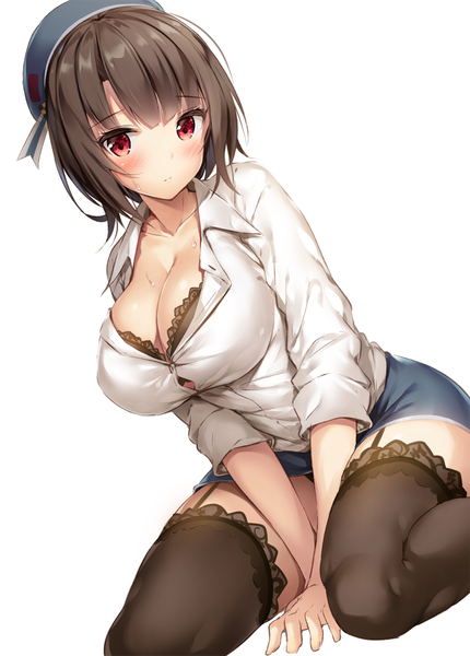 Anime-Bild 800x1115 mit kantai collection takao heavy cruiser xe (execut3r) single tall image looking at viewer blush short hair breasts light erotic simple background red eyes brown hair large breasts white background sitting sweat wariza between legs partially open clothes