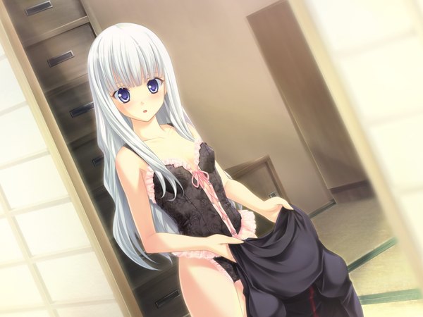 Anime picture 1600x1200 with long hair blue eyes light erotic game cg white hair open clothes girl room