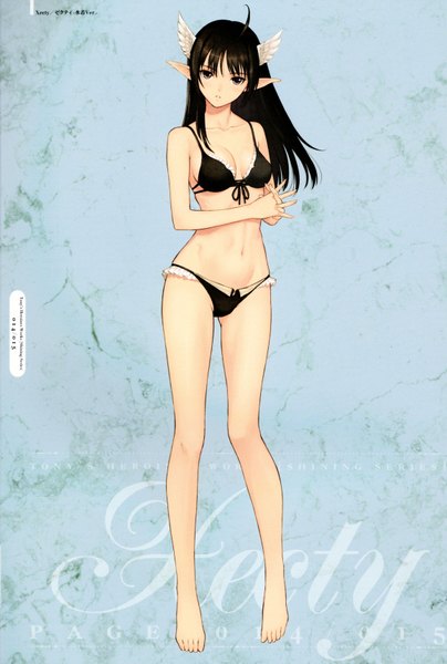 Anime picture 4627x6869 with shining (series) shining wind xecty ein tony taka single long hair tall image looking at viewer fringe highres light erotic black hair standing brown eyes absurdres parted lips wind pointy ears scan inscription