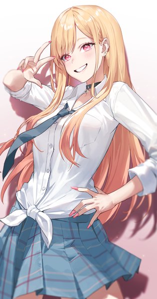 Anime picture 3000x5723 with sono bisque doll wa koi wo suru cloverworks kitagawa marin yo owl single long hair tall image highres simple background blonde hair looking away pink hair nail polish pleated skirt fingernails shadow hand on hip piercing victory ear piercing