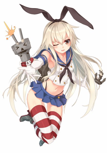 Anime picture 1052x1500 with kantai collection shimakaze destroyer rensouhou-chan takanashi kei (hitsujikan) single long hair tall image looking at viewer blush open mouth simple background red eyes white background white hair one eye closed wink girl thighhighs navel bow