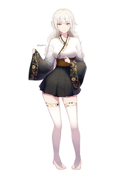 Anime picture 1000x1333 with original soyubee single long hair tall image looking at viewer fringe breasts simple background smile hair between eyes standing white background signed yellow eyes full body white hair traditional clothes japanese clothes wide sleeves