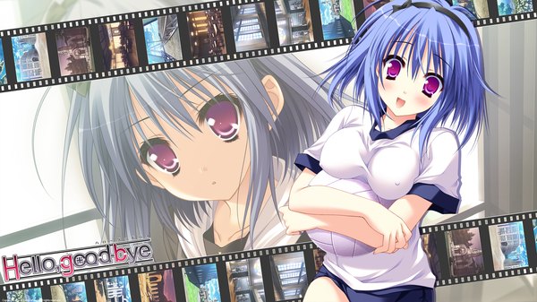 Anime picture 1920x1080 with hello,good-bye lump of sugar saotome suguri moekibara fumitake looking at viewer blush highres short hair breasts open mouth light erotic wide image purple eyes blue hair game cg girl uniform hairband gym uniform