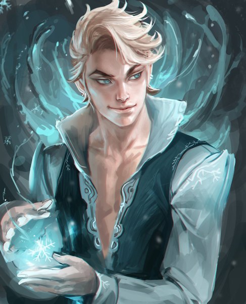Anime picture 1024x1260 with frozen (disney) disney elsa (frozen) sakimichan single tall image short hair blue eyes blonde hair smile looking away aqua eyes light smile lips realistic open clothes open shirt magic partially open clothes genderswap