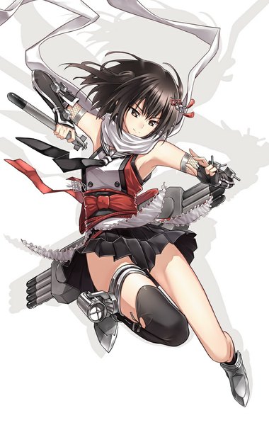 Anime picture 700x1103 with kantai collection sendai light cruiser fame peera single tall image fringe short hair smile brown hair brown eyes bent knee (knees) pleated skirt shadow armpit (armpits) legs girl thighhighs skirt gloves black thighhighs