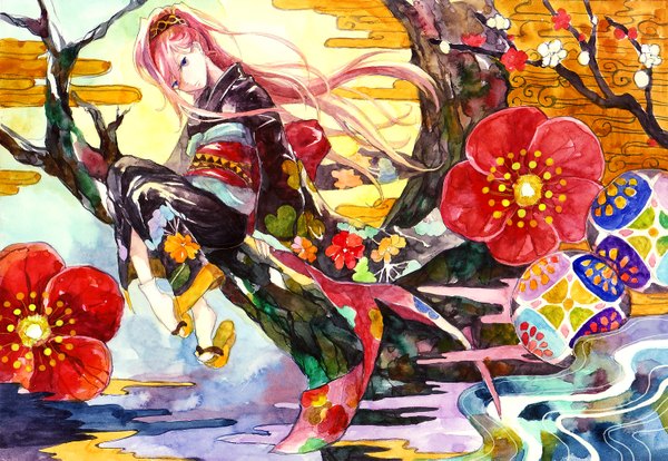 Anime picture 1500x1035 with vocaloid megurine luka nayuko single long hair purple eyes pink hair japanese clothes traditional media watercolor (medium) plum blossoms girl flower (flowers) plant (plants) tree (trees) water socks hairband white socks branch