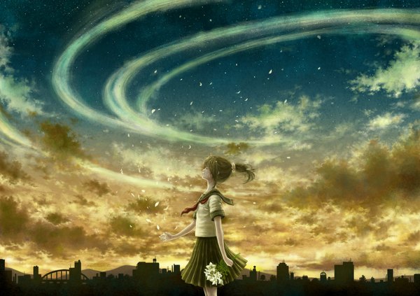 Anime picture 1158x818 with original fuumi (kazami) single short hair brown hair sky cloud (clouds) ponytail eyes closed girl flower (flowers) petals serafuku bouquet