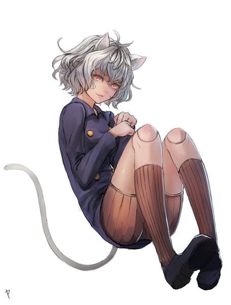 Anime picture 1000x1319 with hunter x hunter neferupito bryanth single tall image looking at viewer simple background smile white background animal ears yellow eyes grey hair cat ears cat tail androgynous doll joints girl socks striped socks