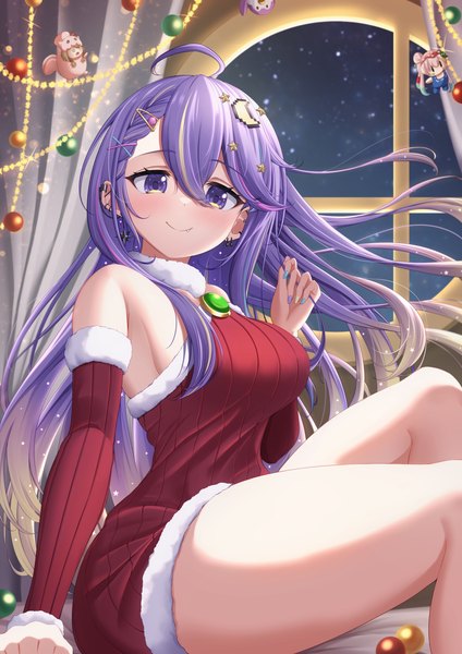 Anime picture 2315x3274 with virtual youtuber hololive hololive indonesia moona hoshinova kaigan single long hair tall image looking at viewer blush fringe highres breasts light erotic smile hair between eyes large breasts sitting purple eyes bare shoulders