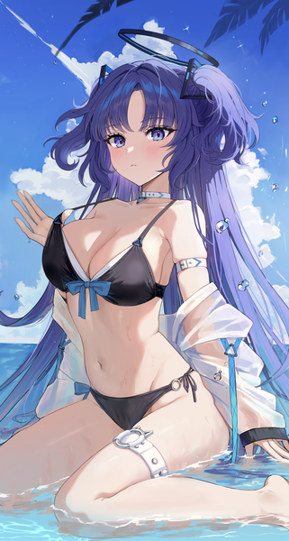 Anime picture 2500x4679 with blue archive yuuka (blue archive) kuuhaku (wutt5584) single tall image looking at viewer blush fringe highres breasts light erotic large breasts sitting purple eyes sky cleavage purple hair cloud (clouds) outdoors very long hair