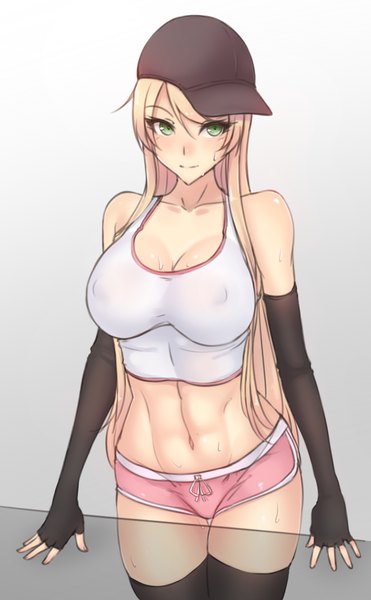 Anime picture 768x1240 with original bluefield single tall image looking at viewer blush breasts light erotic blonde hair simple background smile large breasts bare shoulders green eyes very long hair midriff sweat gradient background covered nipples girl