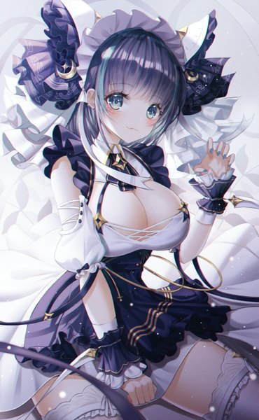 Anime picture 3700x6000 with azur lane cheshire (azur lane) hyangu single tall image looking at viewer blush fringe highres short hair breasts light erotic black hair smile large breasts sitting absurdres blunt bangs nail polish head tilt