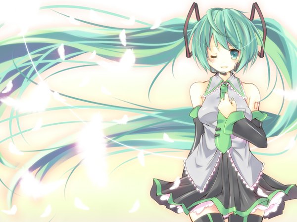 Anime picture 1600x1200 with vocaloid hatsune miku kagura (c h r o e) single looking at viewer blush standing twintails bare shoulders very long hair one eye closed aqua eyes light smile wind aqua hair girl thighhighs detached sleeves feather (feathers) headset
