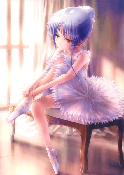 Anime picture 2338x3300 with angel beats! key (studio) tachibana kanade goto p single tall image highres sitting yellow eyes blue hair looking away scan loli alternate hairstyle hair up girl dress tutu