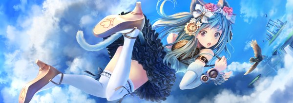 Anime picture 2400x850 with original soraizumi single long hair looking at viewer fringe highres blue eyes light erotic wide image bare shoulders holding animal ears blue hair sky cloud (clouds) full body ahoge bent knee (knees) tail