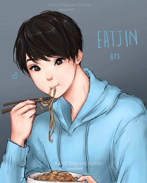 Anime picture 2500x3100 with real life bts jin (bts) mari945 single tall image looking at viewer fringe highres short hair black hair simple background holding signed upper body black eyes realistic grey background copyright name character names