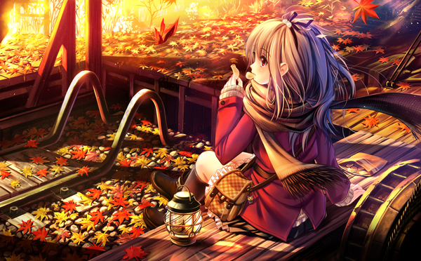 Anime picture 1400x868 with original soraizumi single long hair blonde hair red eyes wide image sitting looking away girl skirt socks scarf leaf (leaves) black socks chips