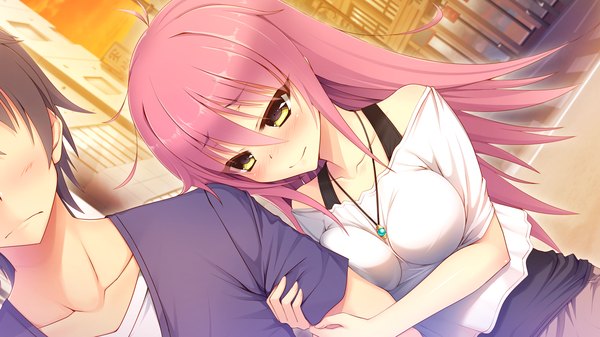 Anime picture 1280x720 with aisare roommate long hair blush smile wide image yellow eyes pink hair game cg couple girl boy pendant