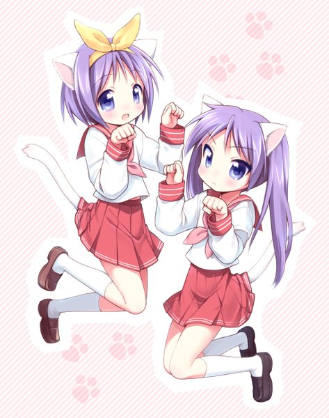 Anime picture 1024x1300 with lucky star kyoto animation hiiragi kagami hiiragi tsukasa usashiro mani long hair tall image blush short hair open mouth purple eyes twintails multiple girls animal ears purple hair tail animal tail cat ears cat girl cat tail