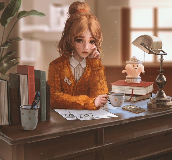 Anime picture 7523x7000 with animal crossing shizue (doubutsu no mori) nixeu single looking at viewer highres short hair blonde hair sitting holding brown eyes absurdres upper body indoors long sleeves hair bun (hair buns) depth of field head rest humanization girl