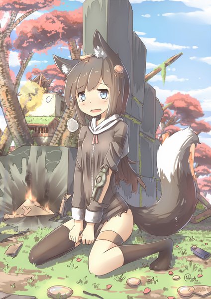 Anime-Bild 2480x3508 mit original hinbackc single long hair tall image looking at viewer fringe highres open mouth blue eyes light erotic black hair signed animal ears full body outdoors tail animal tail fox ears dated