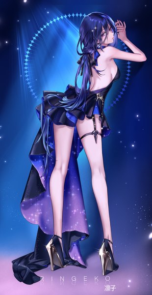 Anime picture 4506x8719 with genshin impact clorinde (genshin impact) ringeko-chan single long hair tall image fringe highres light erotic hair between eyes standing purple eyes signed absurdres purple hair full body parted lips head tilt looking back from behind